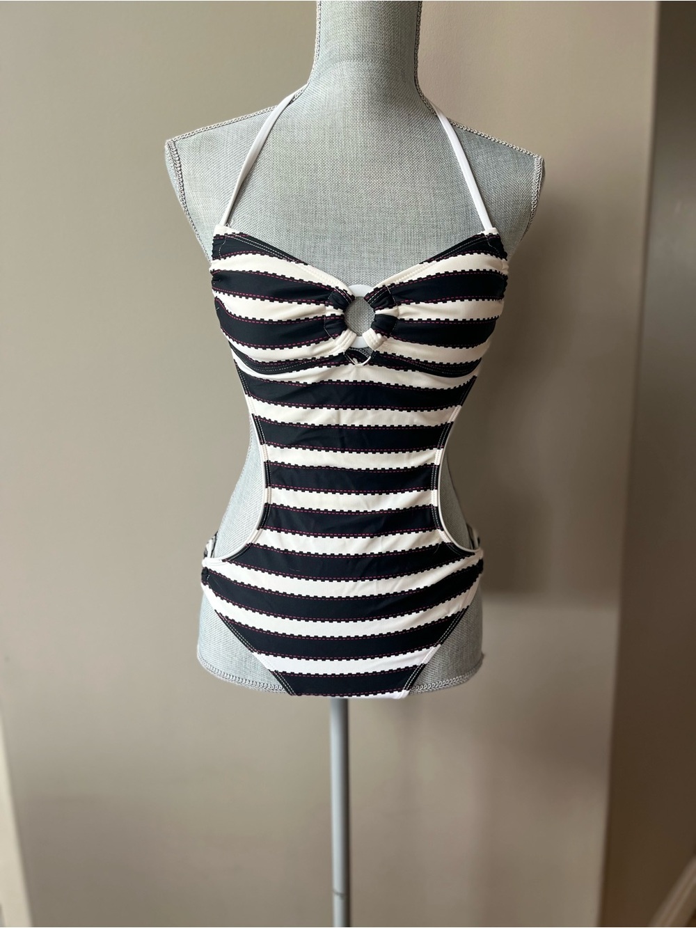 Striped Black & White Cutout One-Piece Swimsuit